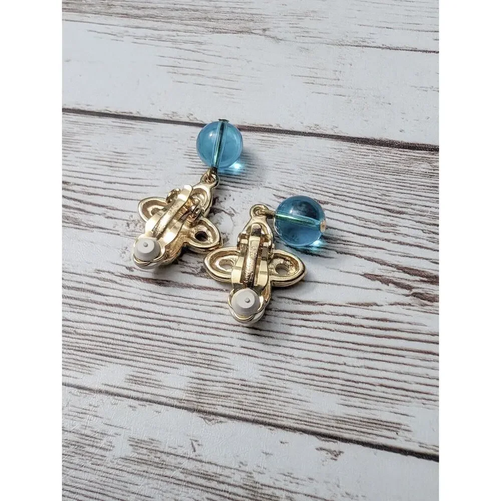 Vintage Givenchy Clip On Earrings - Gold Tone & Blue Dangle